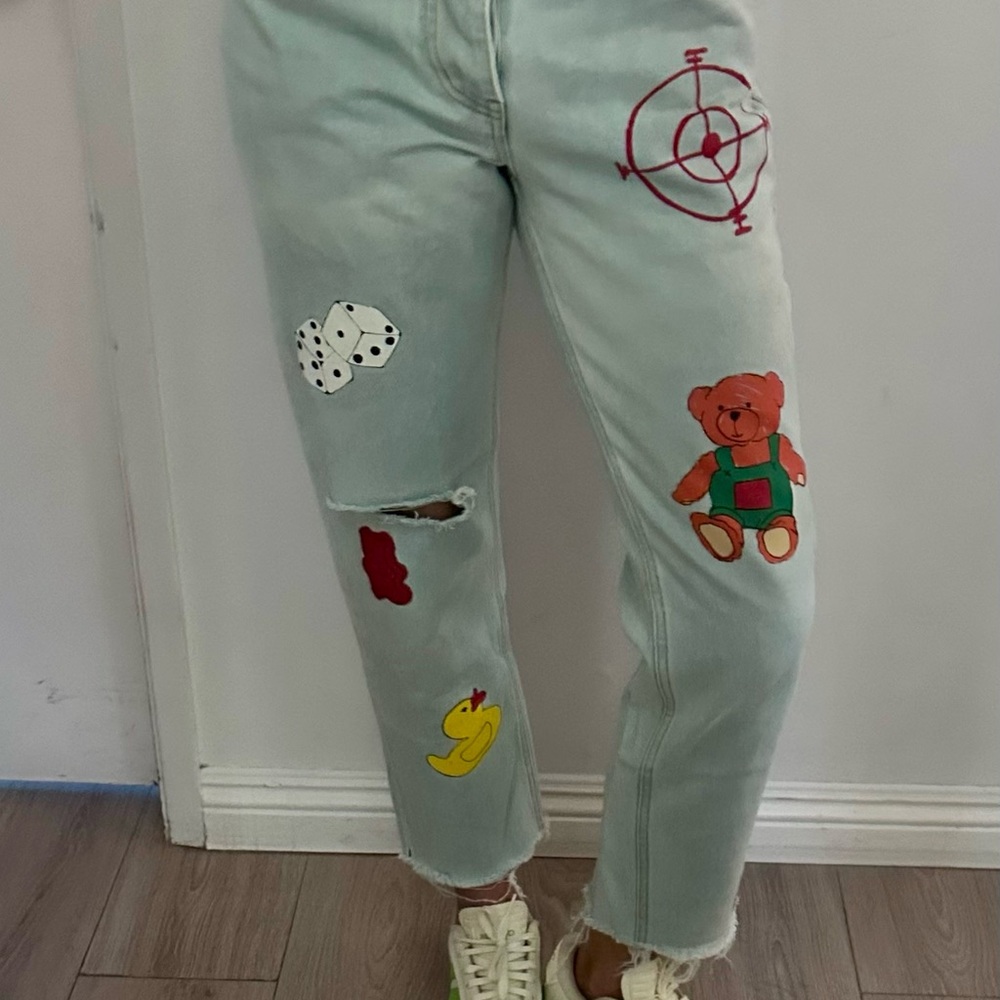 Teddy Fresh Blue Straight Leg Jeans with Playful Patches